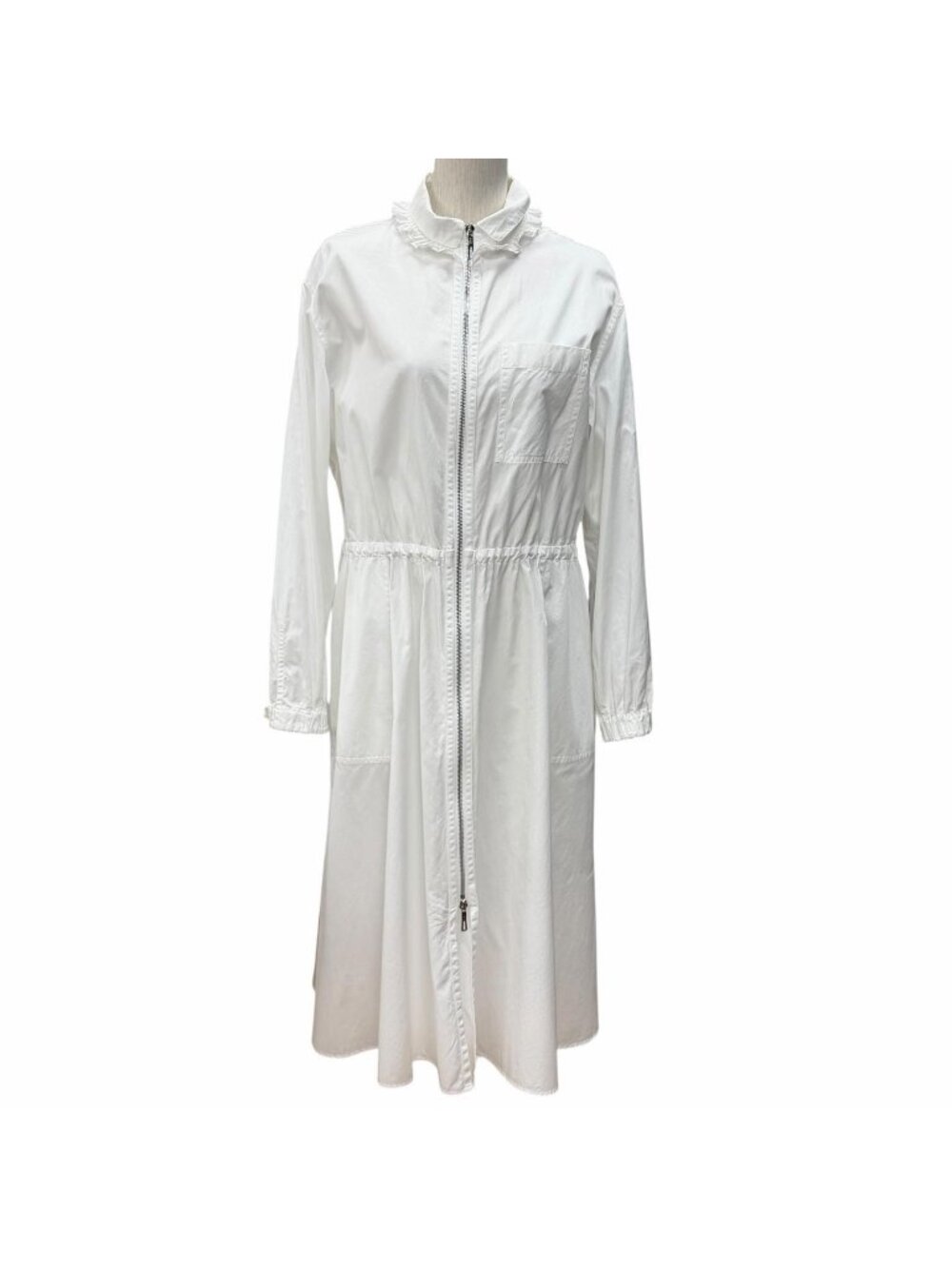 Hermes Cotton 100% Ruffle Collar Long Sleeve Zip Up Dress Shirt White 34